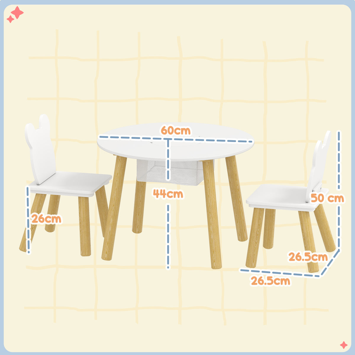 Kids Activity Table & 2 Chair Set | 3-Piece | Bear Backrest | Centre Mesh Storage | Arts & Crafts | Ages 3-6 | White