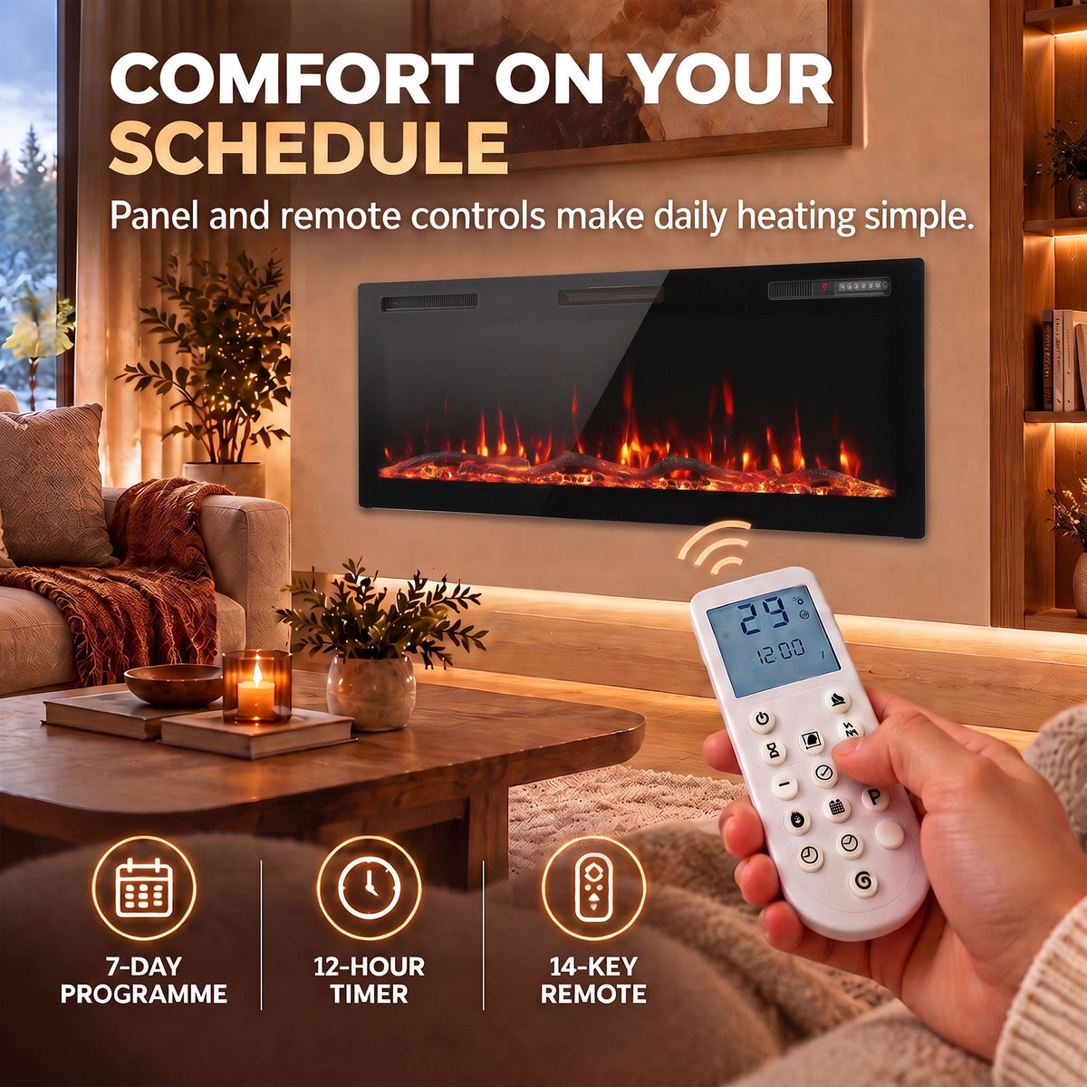107cm Slim Electric Fireplace | Wall Mounted, Recessed or Freestanding | 900/1800W, 12 Flame Colours, Remote, ECO & 7-Day Timer | Black