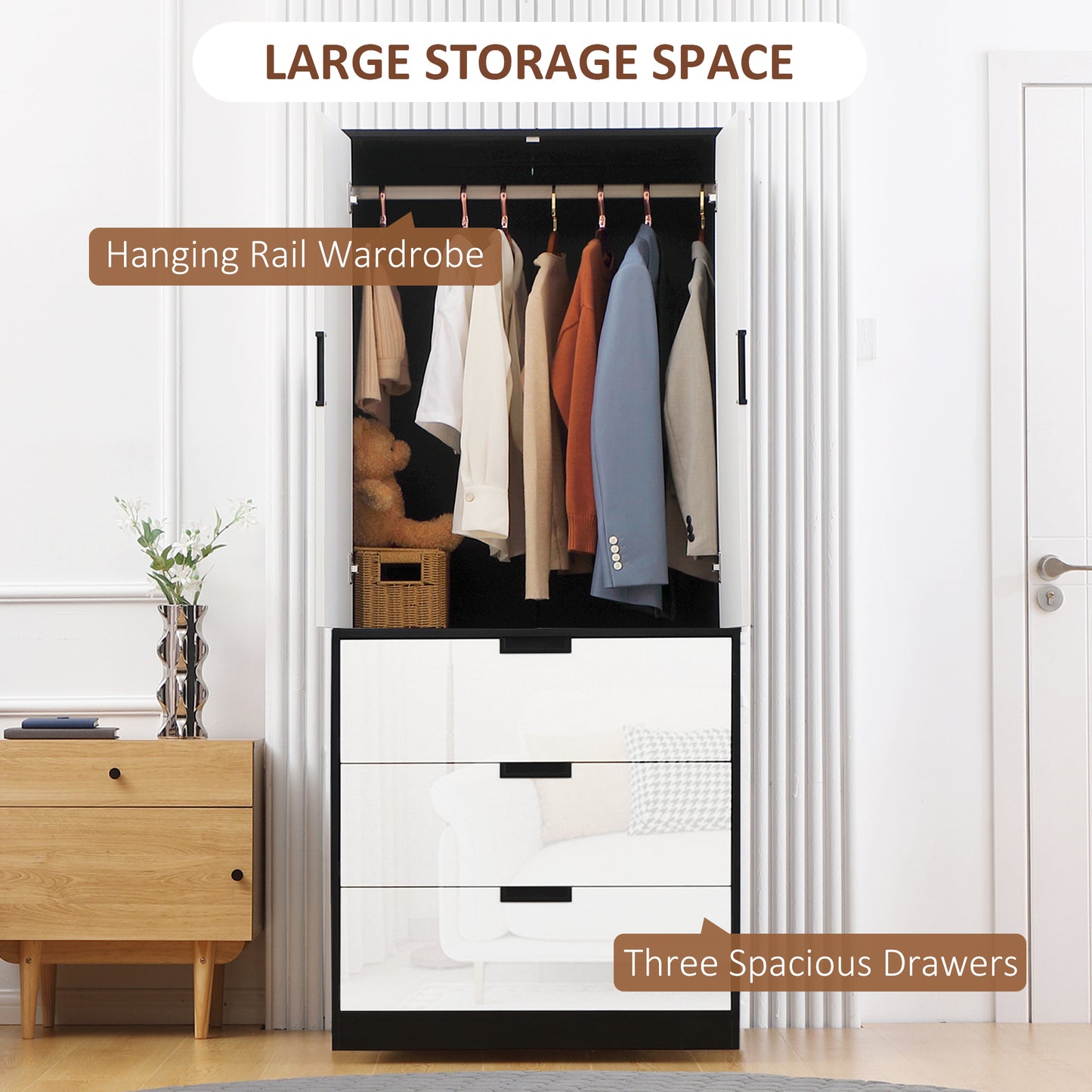 2 Door Wardrobe, Modern Wardrobe with 3 Drawers and Hanging Rod for Bedroom, High Gloss White