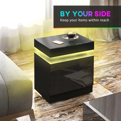 Black Bedside Table with LED Light, High Gloss Front Nightstand with 2 Drawers, for Living Room, Bedroom