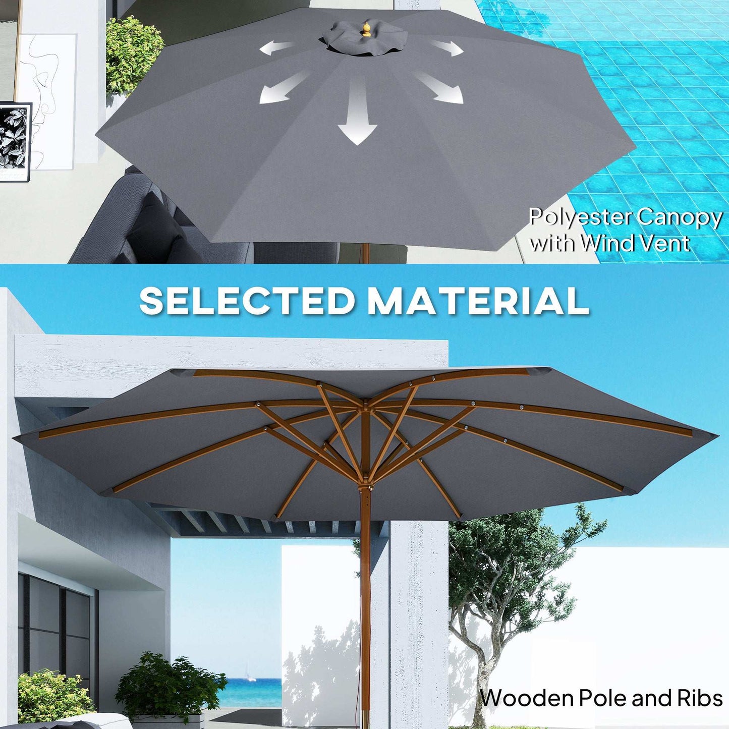 Outsunny 3(m) Wooden Patio Parasol Umbrella - Dark Grey