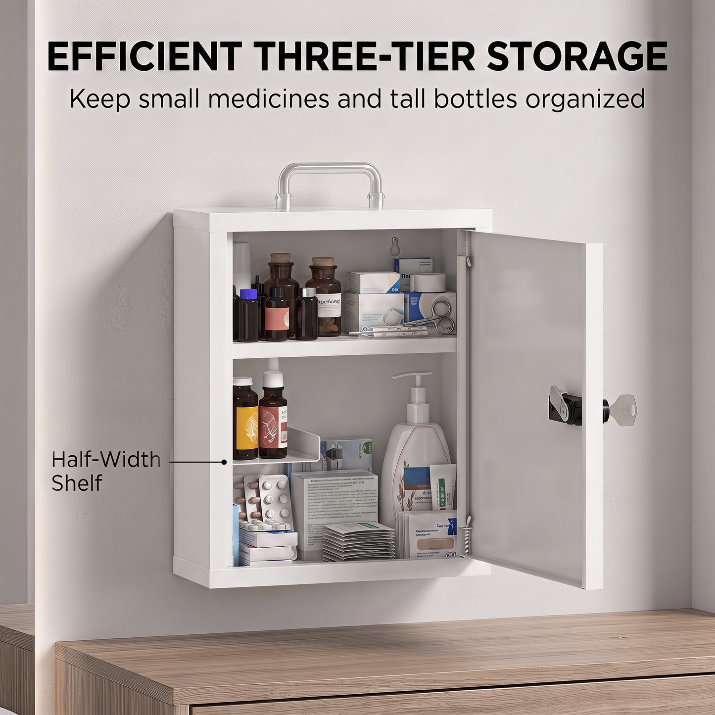 Wall Mount Medicine Cabinet | Combination & Key Dual Lock | 3-Tier Steel | 5kg | No Assembly | 32 x 14 x 38cm | White