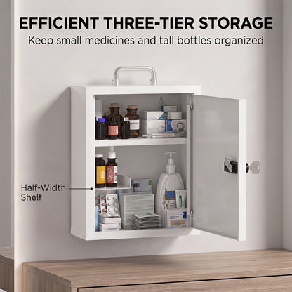 Wall Mount Medicine Cabinet | Combination & Key Dual Lock | 3-Tier Steel | 5kg | No Assembly | 32 x 14 x 38cm | White