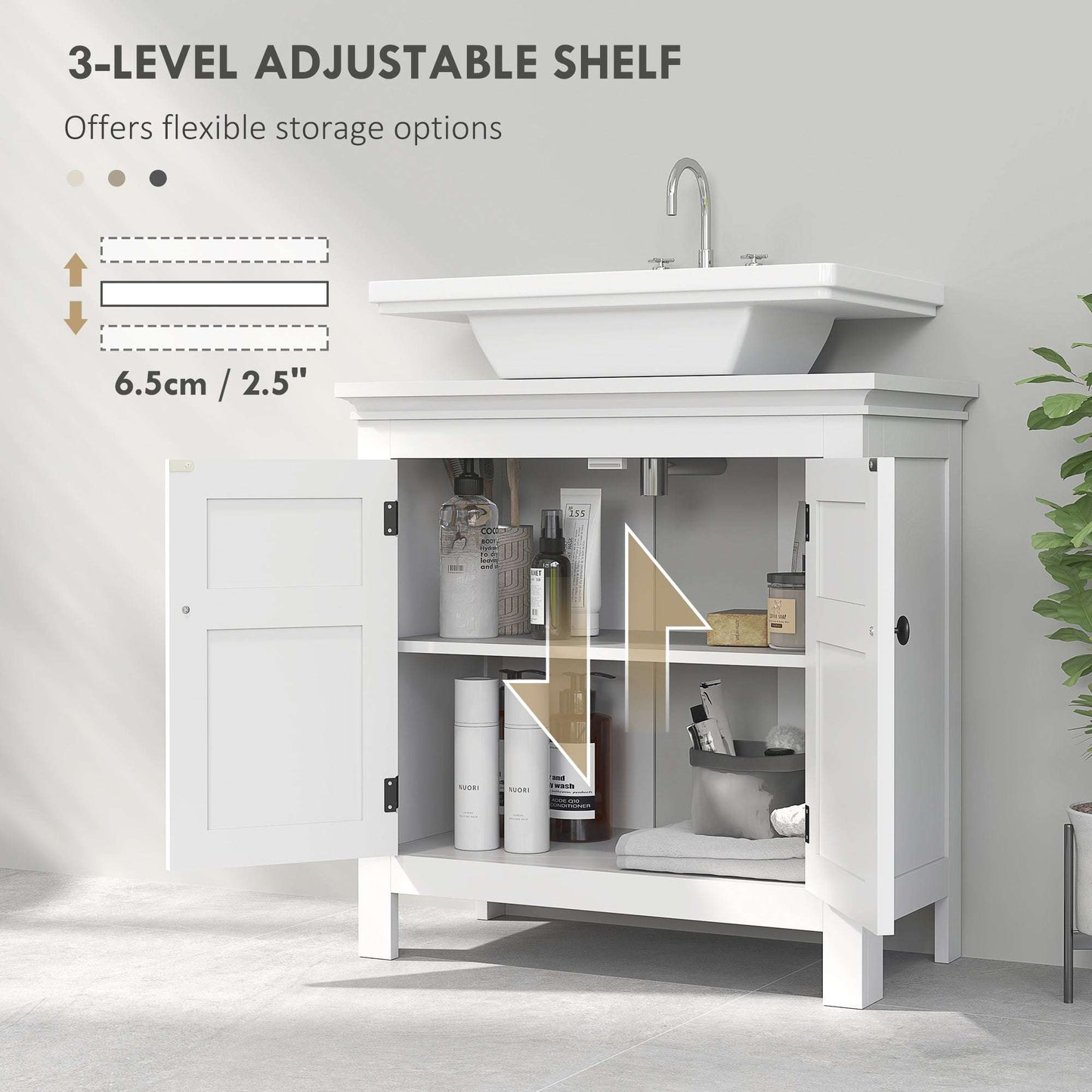 Under Sink Bathroom Cabinet, Freestanding Bathroom Sink Cabinet with Adjustable Shelf for Wall-Mounted Sinks, 60 x 30 x 60cm, White