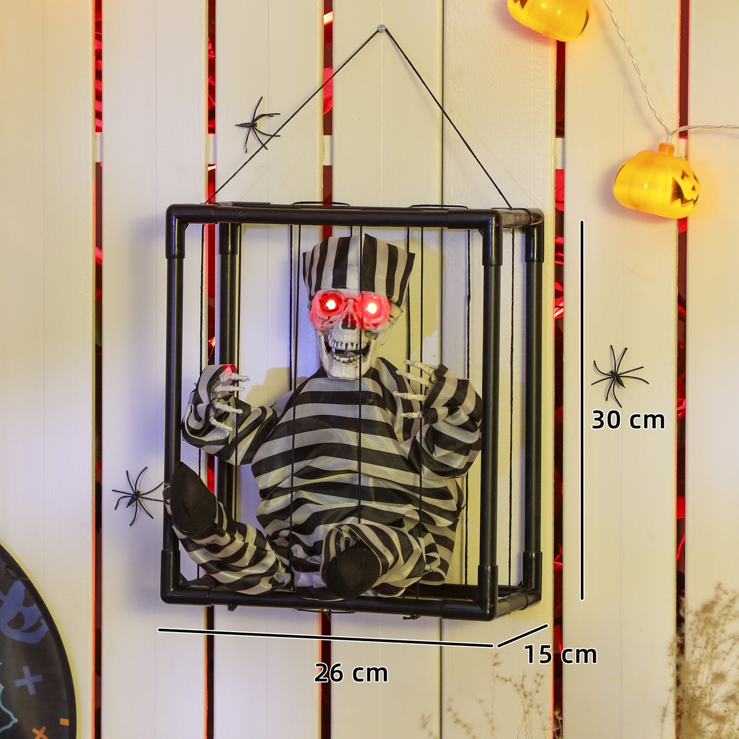 Halloween Animated Hinging Skeleton Prisoner in Cage with Glowing LED Eyes, Spooky Skeleton Scary Halloween Decorations, Battery Operated, Indoor Party Props