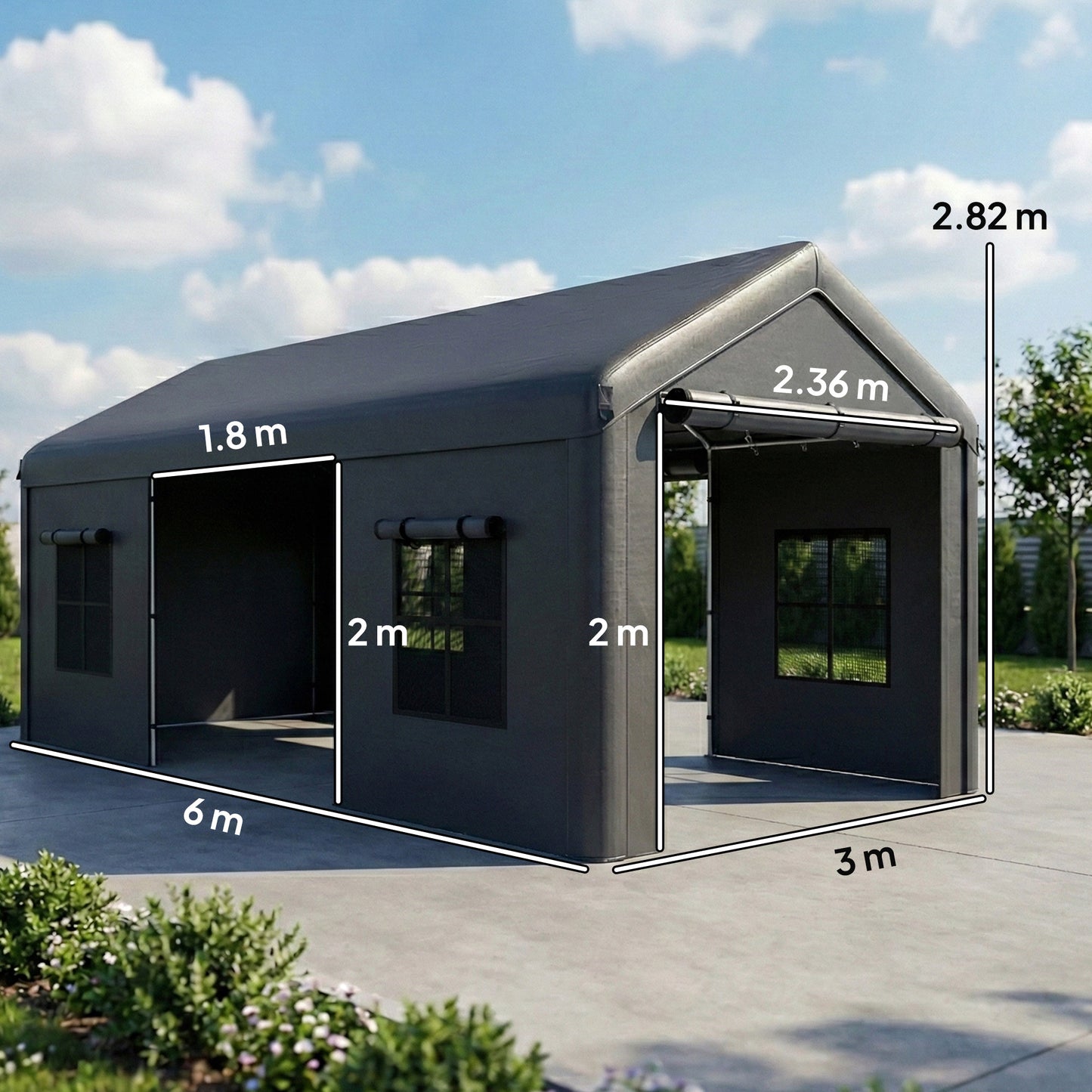 3x6m Heavy Duty Carport | Portable Garage | UPF30+ PE Cover | Galvanised Frame | Zipped Doors | Mesh Windows | Wind Level 5-6 | Dark Grey