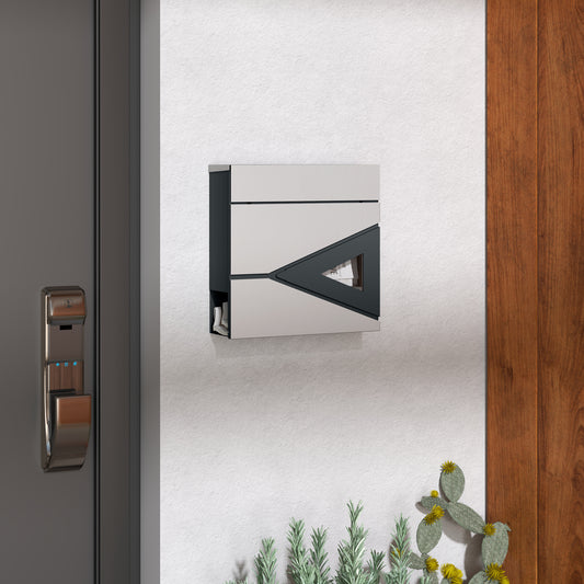 Wall Mounted Post Box with Viewing Window, 2 Lock, Modern Galvanised Steel Mailbox with Copper Core, Weatherproof Letterbox - Silver
