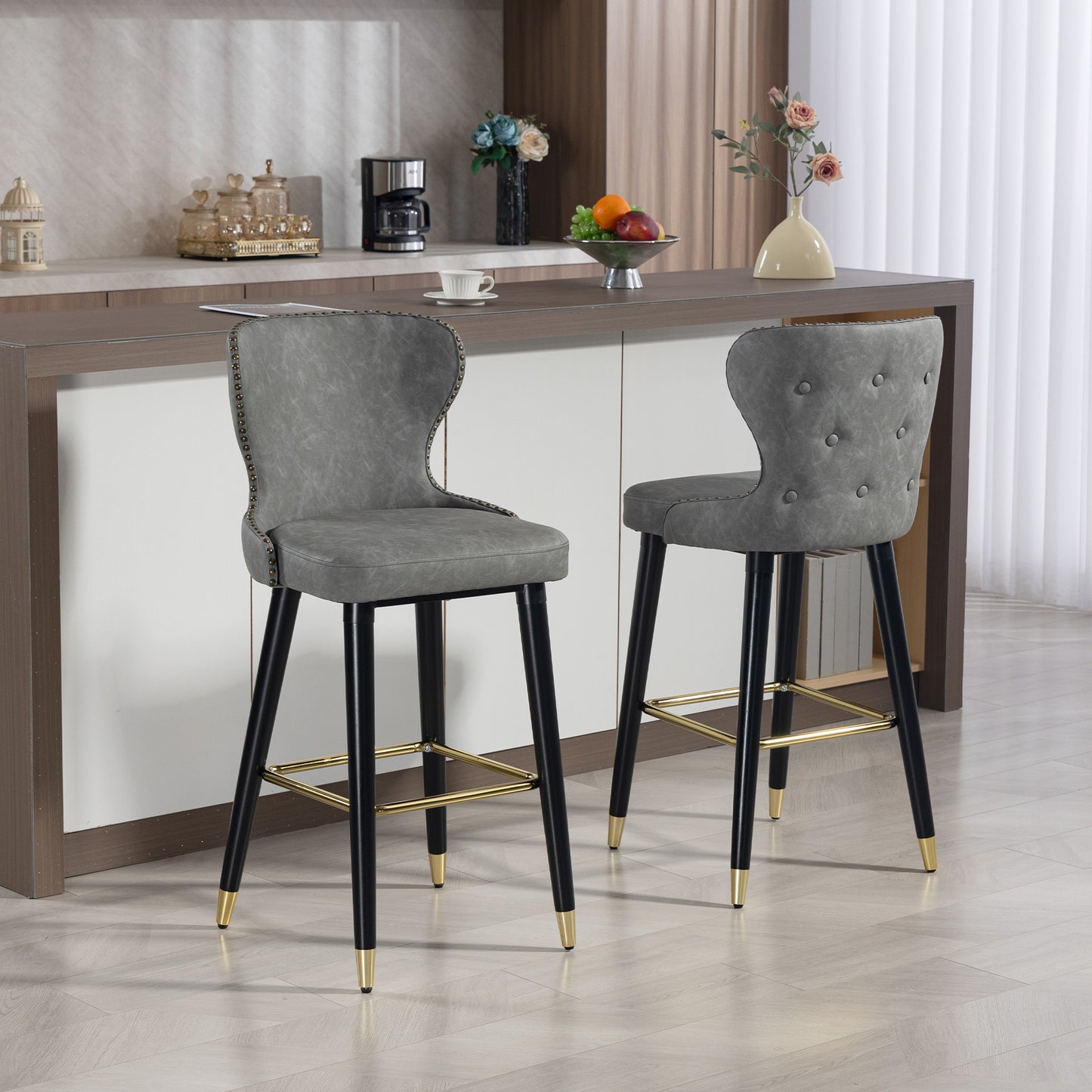 Bar Stools Set of 2, PU Leather Barstools with Back, Footrest and Wood Legs for Kitchen, Counter, Breakfast Bar, Grey