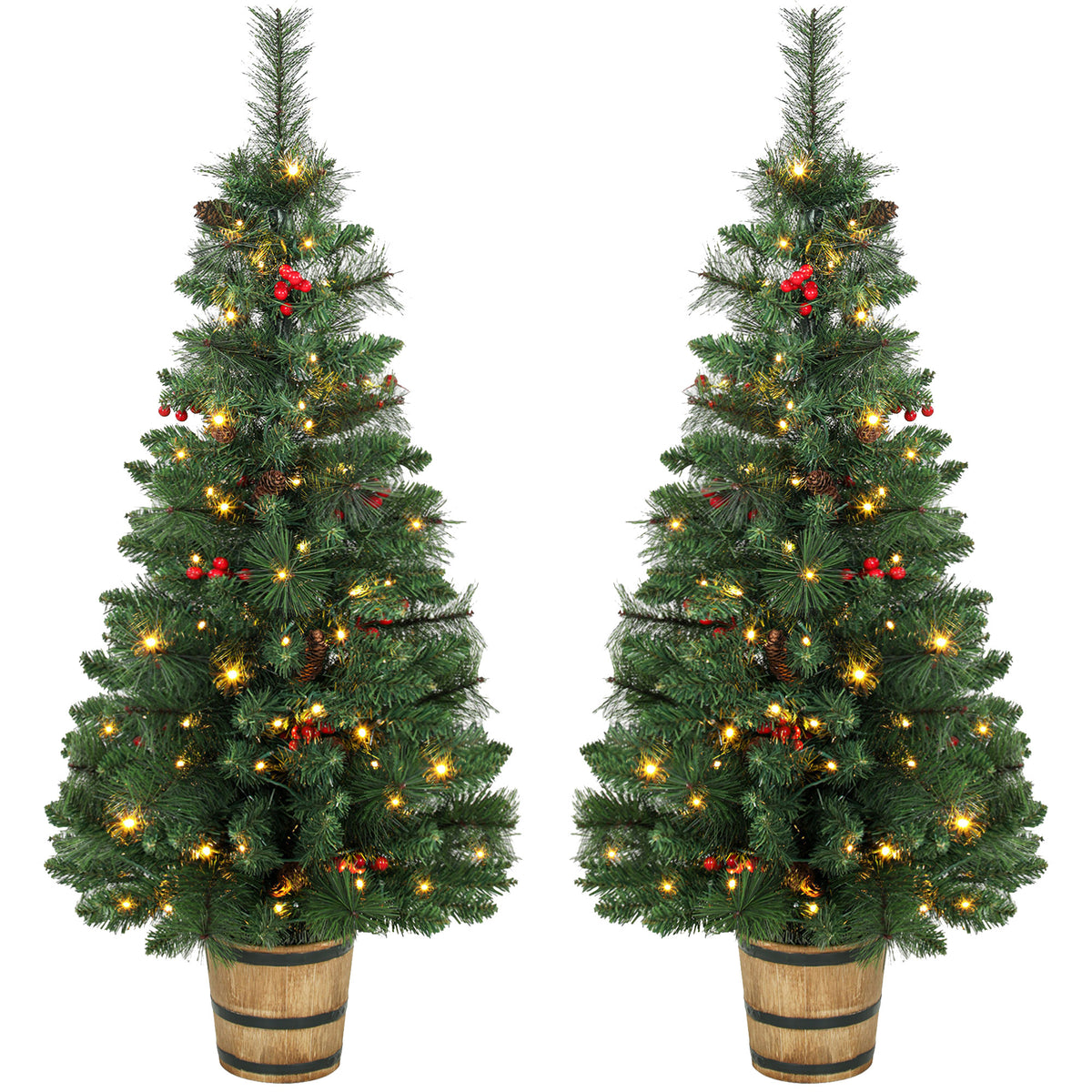 Set of 2 Pre-Lit Christmas Trees | Green PVC Steel | 120cm 4ft | 100 LEDs Warm White Multicolour | 11 Modes Remote | Pine Cones Berries | Battery Operated | Barrel Pot Base | Flame Retardant