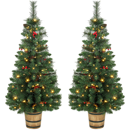 Set of 2 Pre-Lit Christmas Trees | Green PVC Steel | 120cm 4ft | 100 LEDs Warm White Multicolour | 11 Modes Remote | Pine Cones Berries | Battery Operated | Barrel Pot Base | Flame Retardant
