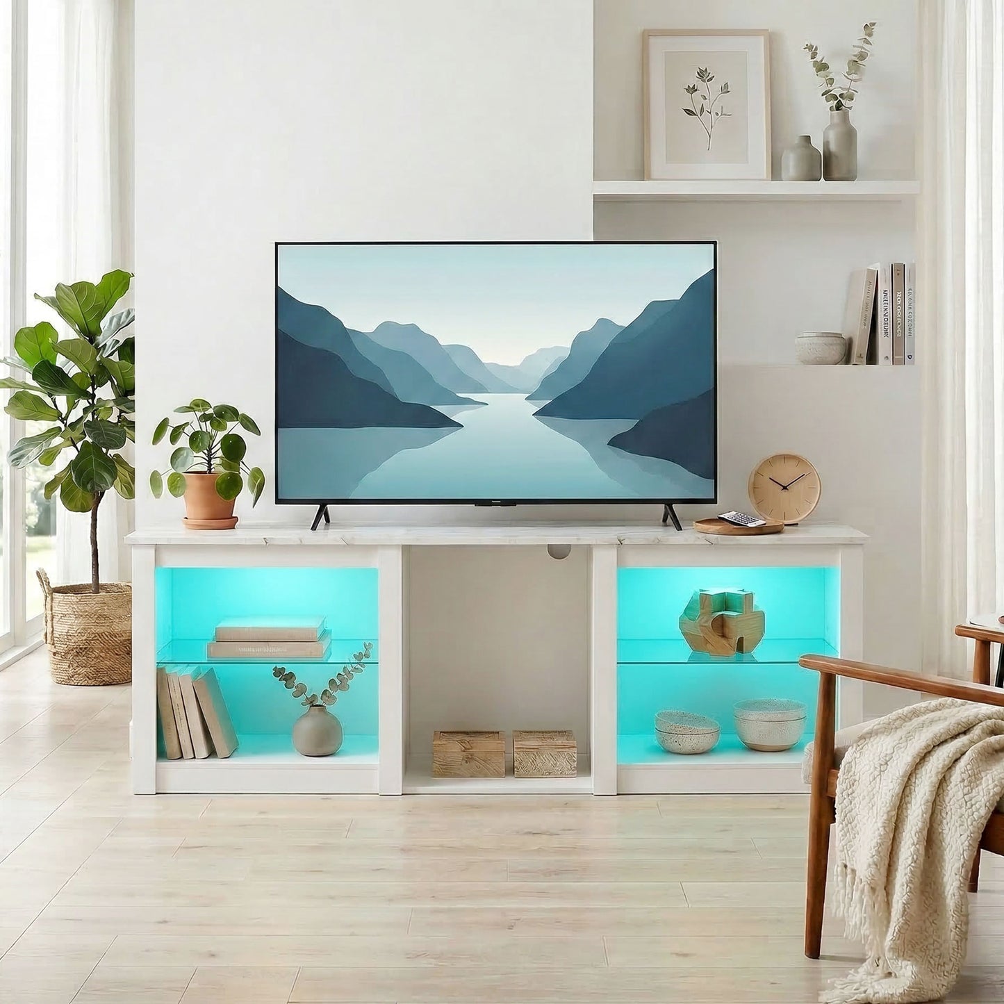 70" TV Stand with RGB LED Lights & Storage – 16 Modes, 7 Colours, 5 Compartments, Adjustable Glass Shelves, Cable Management, Marble-Effect Top – White