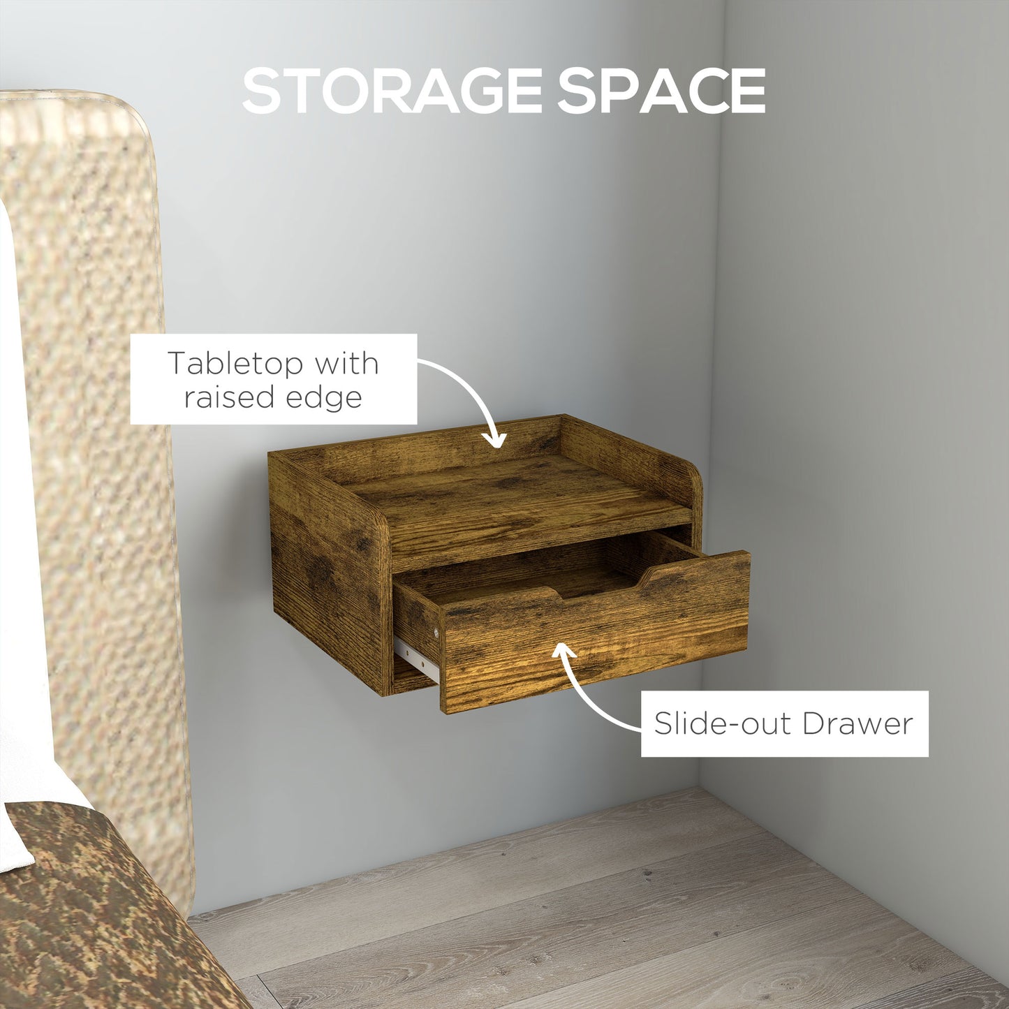 Floating Nightstand Set of 2 Wall Mounted Bedside Table with Storage Drawer for Bedroom, Rustic Brown