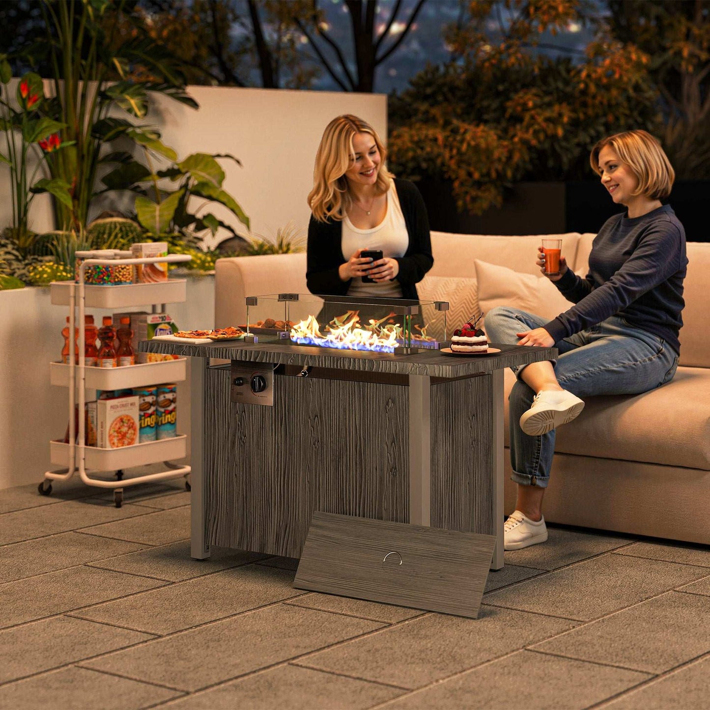 Outsunny 50,000 BTU Gas Fire Pit Table with Cover and Glass Screen - Dark Grey