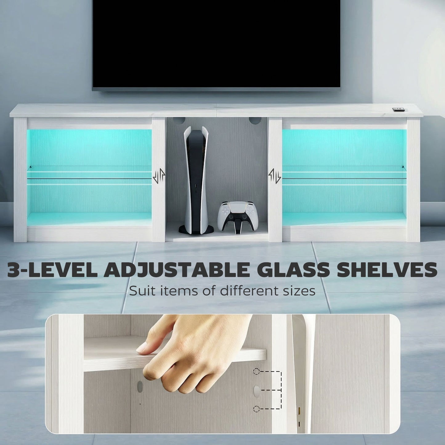 70" TV Stand with RGB LED Lights & Storage – 16 Modes, 7 Colours, 5 Compartments, Adjustable Glass Shelves, Cable Management, Marble-Effect Top – White