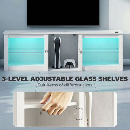 70" TV Stand with RGB LED Lights & Storage – 16 Modes, 7 Colours, 5 Compartments, Adjustable Glass Shelves, Cable Management, Marble-Effect Top – White