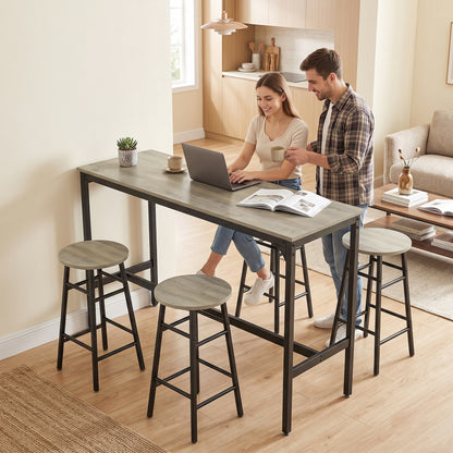 5-Piece Industrial Bar Table & Stool Set | Grey Wood Effect MDF Tops | Powder-Coated Steel Frames | Table 105x40x90cm | 4x Stools Dia30x60cm | 120kg Stool 100kg Table | Adjustable Feet | Grey / Black