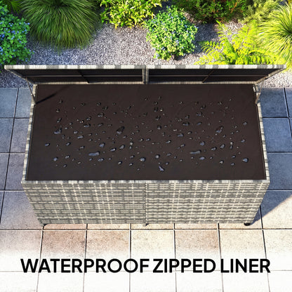 650L Garden Storage Box | Rattan | Waterproof Zipped Liner | Gas-Assisted Lid | 2 Wheels | UV Resistant | 150x75x74cm | 100kg | Mixed Grey