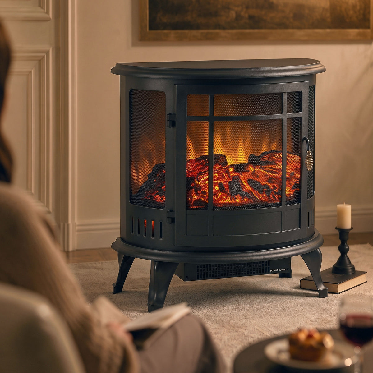 3-Sided Electric Fireplace Stove | Energy Efficiency Rating C | 2000W Freestanding Heater with Independent LED Flame, Adjustable Brightness & 15-30 m² Coverage | Black