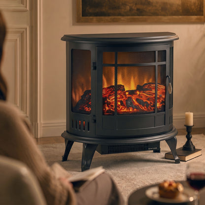 3-Sided Electric Fireplace Stove | Energy Efficiency Rating C | 2000W Freestanding Heater with Independent LED Flame, Adjustable Brightness & 15-30 m² Coverage | Black
