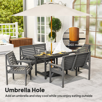 5 Piece Wooden Garden Dining Set for 6, Outdoor Conversation Set with 2 Armchairs, 2 Loveseats and Dining Table with Umbrella Hole for Patio, Balcony, Grey