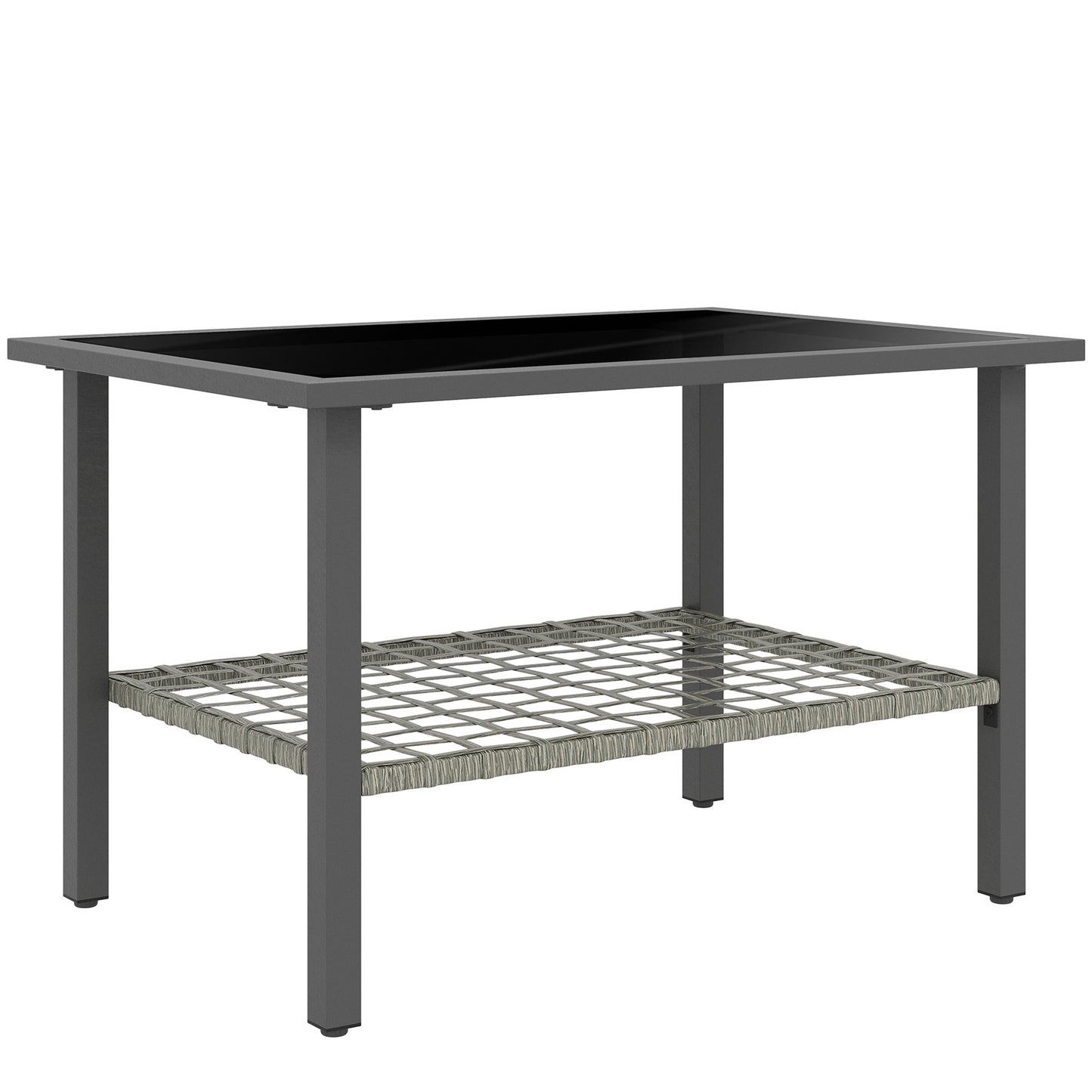 Outsunny Outdoor Rattan Coffee Table with Tempered Glass Top, Storage Shelf, Foot Pads, for Patio, Balcony, Mixed-grey