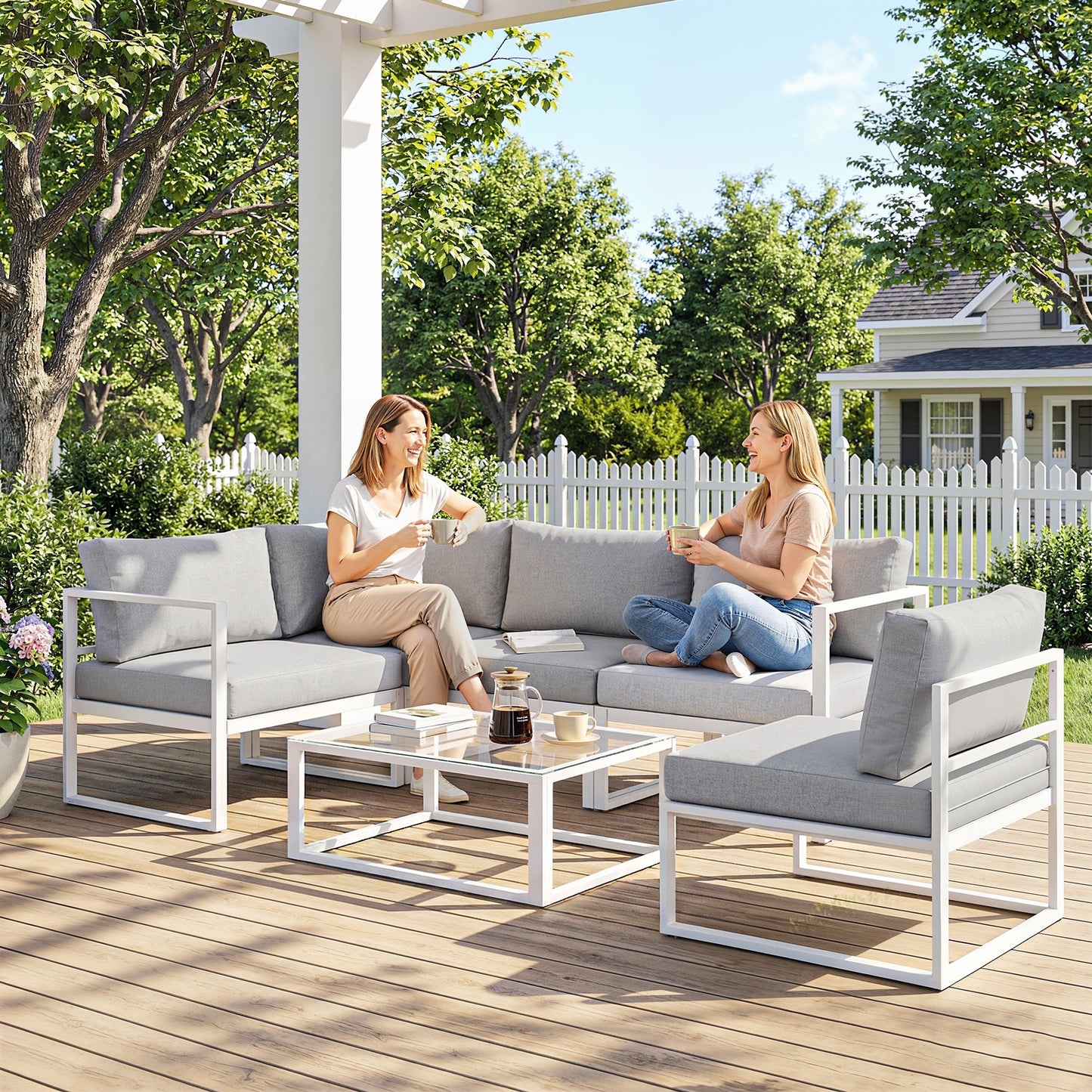 6-Piece Modular Aluminium Garden Sofa Set | Corner, 2 Middle & 2 Side Sofas | Tempered Glass Coffee Table | 10cm Seat & 18cm Back Cushions | Washable Covers | White Frame | Light Grey | 267x135x63cm