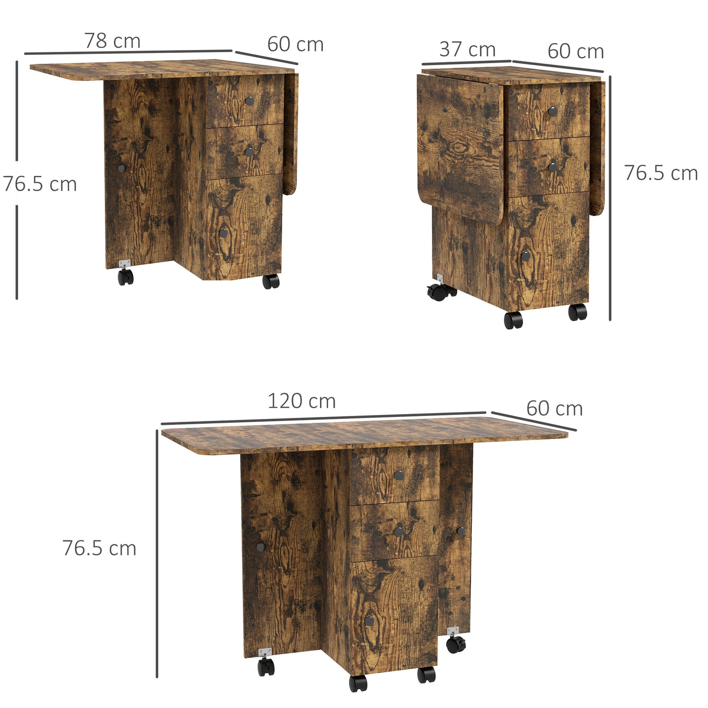 Multi-Storage Six-Person Drop Leaf Dining Table -  Rustic Brown