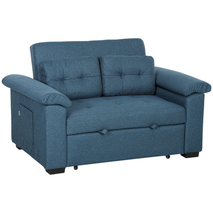 Pull Out Sofa Bed, Fabric 2 Seater Sofa Bed Settee, with 2 Pillows and Side Pockets for Living Room, Home Office, Blue