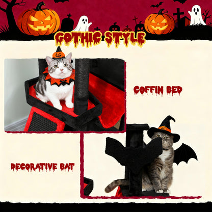 PawHut Gothic Cat Tree, 152 cm Multi-Level Cat Tower for Large Cats with Coffin Bed, Large Condo, for Halloween