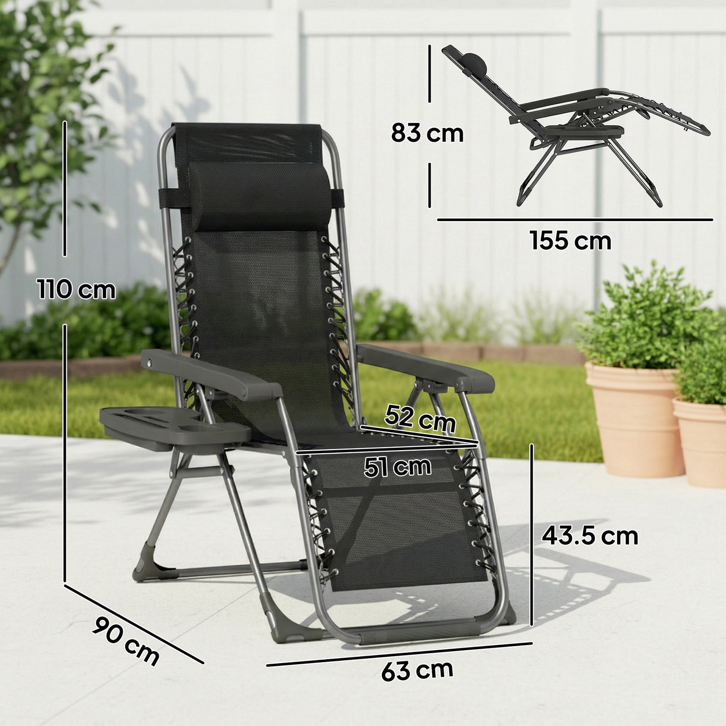 Set of 2 Zero Gravity Folding Sun Loungers | Stepless Recline | Headrest & Side Tray | 120kg | Black