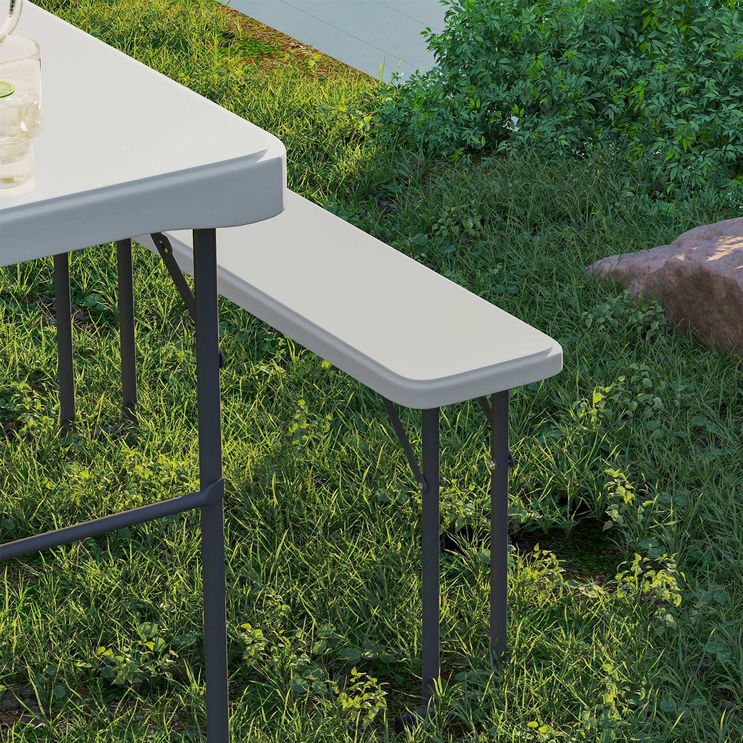 3 Piece 4ft Folding Picnic Table and Bench Set, Portable HDPE Camping Table and Chairs with Carrying Handle, Dining, Camping, Picnic, BBQ, Party, Light Grey