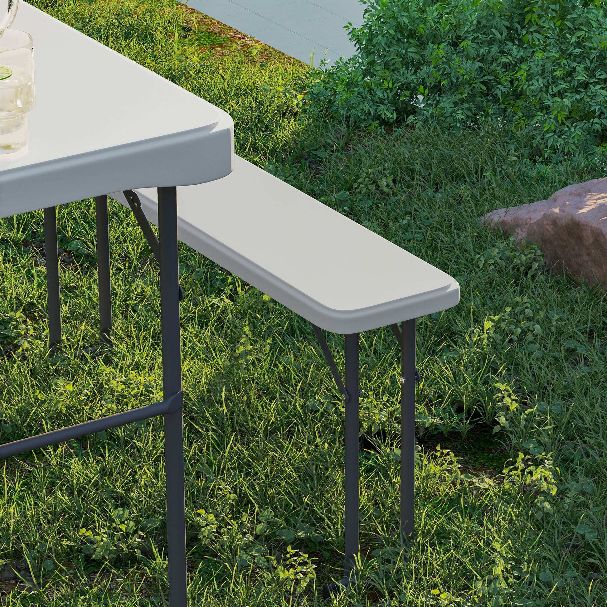 3 Piece 4ft Folding Picnic Table and Bench Set, Portable HDPE Camping Table and Chairs with Carrying Handle, Dining, Camping, Picnic, BBQ, Party, Light Grey