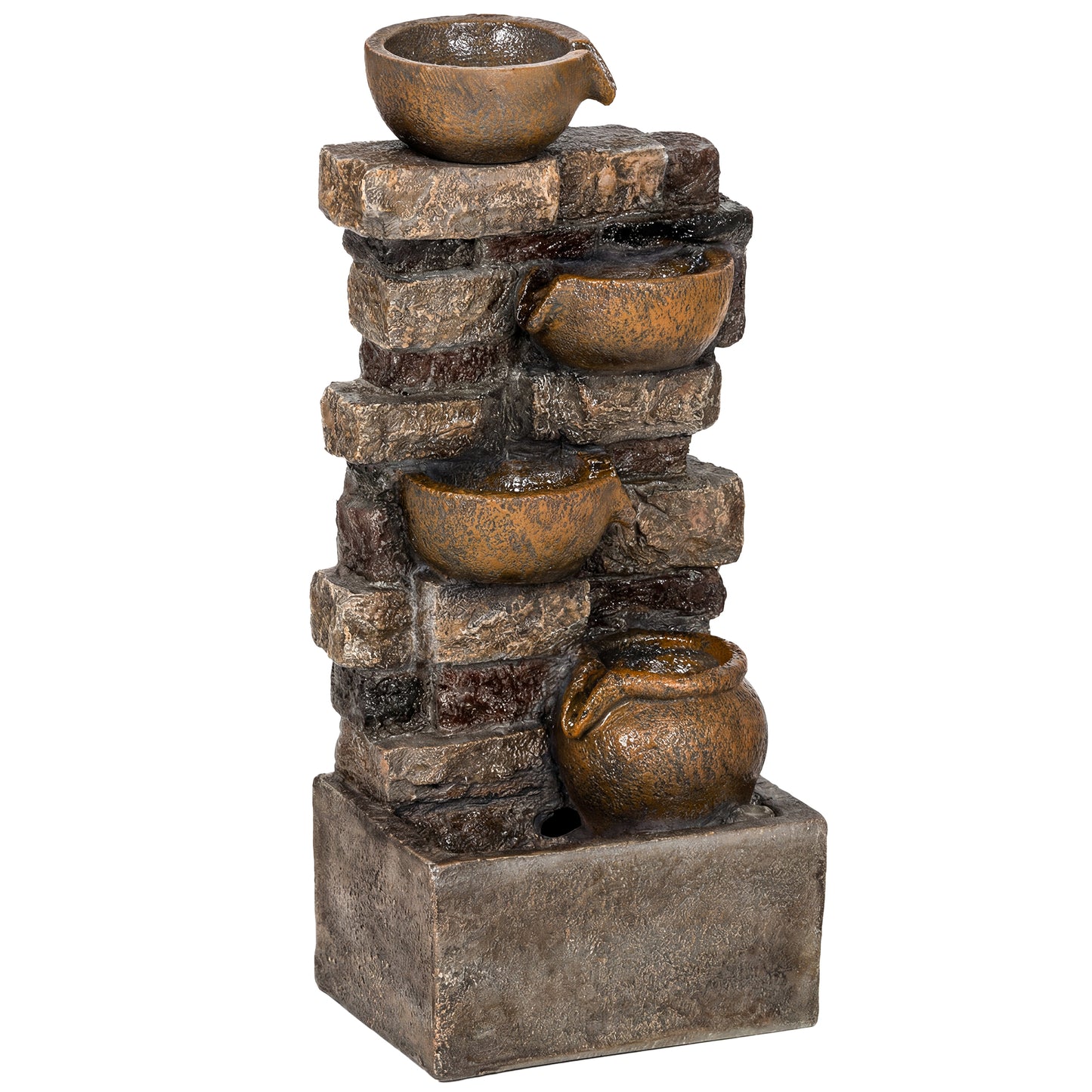 5-Tier Resin Cascading Waterfall Fountain | Hand-Painted Weathered Stone Look | 4 Warm LED Lights | 3-Speed Adjustable Pump | 5W | 230V | 3m Cable | 31x25.5x72cm | Garden Patio & Balcony | Rustic Brown