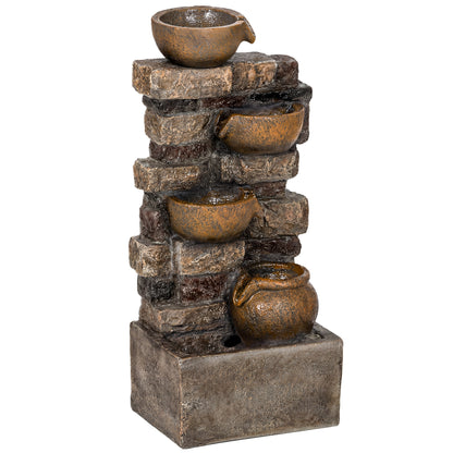 5-Tier Resin Cascading Waterfall Fountain | Hand-Painted Weathered Stone Look | 4 Warm LED Lights | 3-Speed Adjustable Pump | 5W | 230V | 3m Cable | 31x25.5x72cm | Garden Patio & Balcony | Rustic Brown