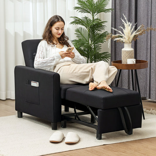 3-In-1 Convertible Chair Bed, Pull Out Sleeper Chair with Adjustable Backrest, Side Pockets, Black