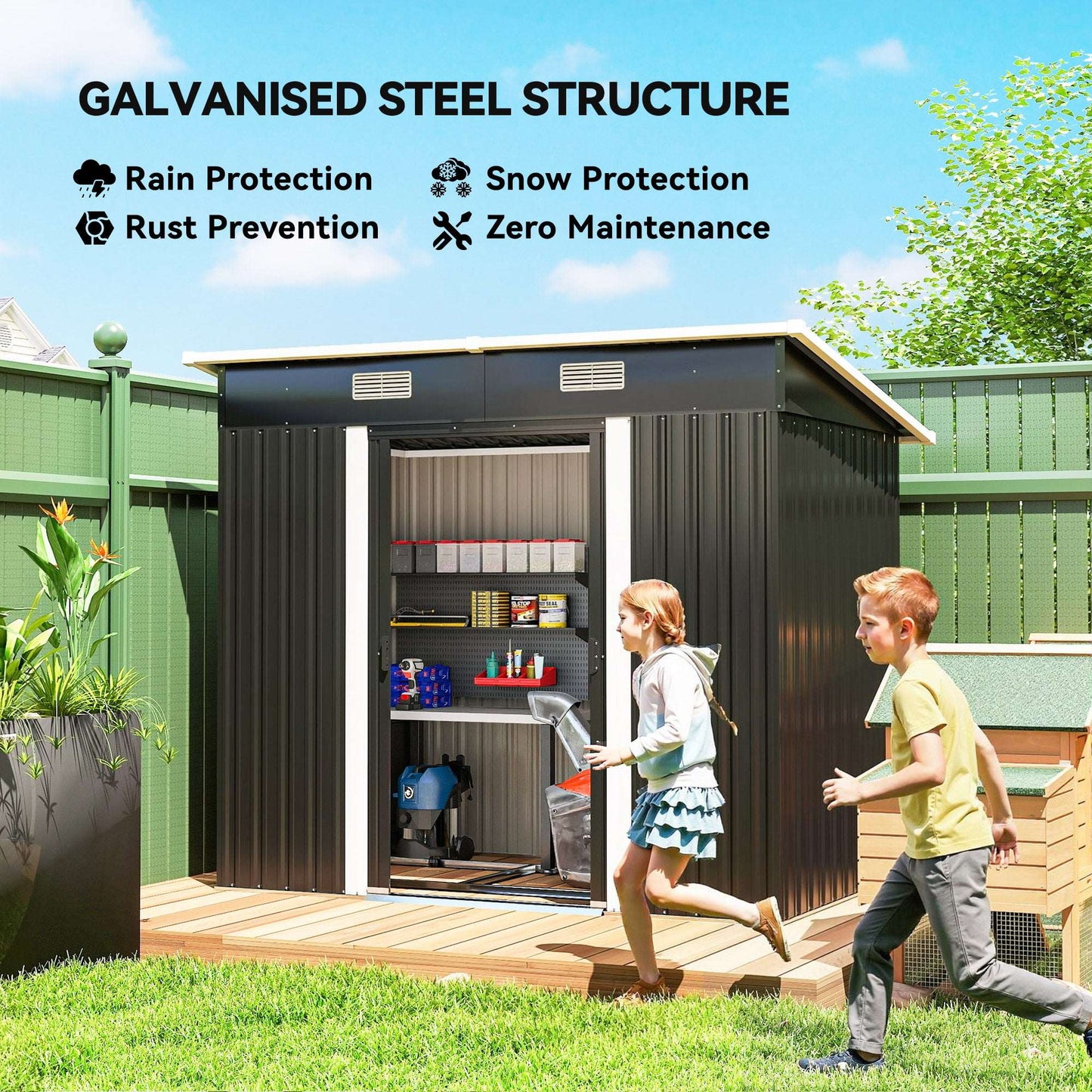7x4ft Lean-To Metal Garden Shed | Corrugated Galvanised Steel | Sloped Roof | Sliding Door | 2 Front Vents | Foundation Kit Included | 203x130x182cm | Black