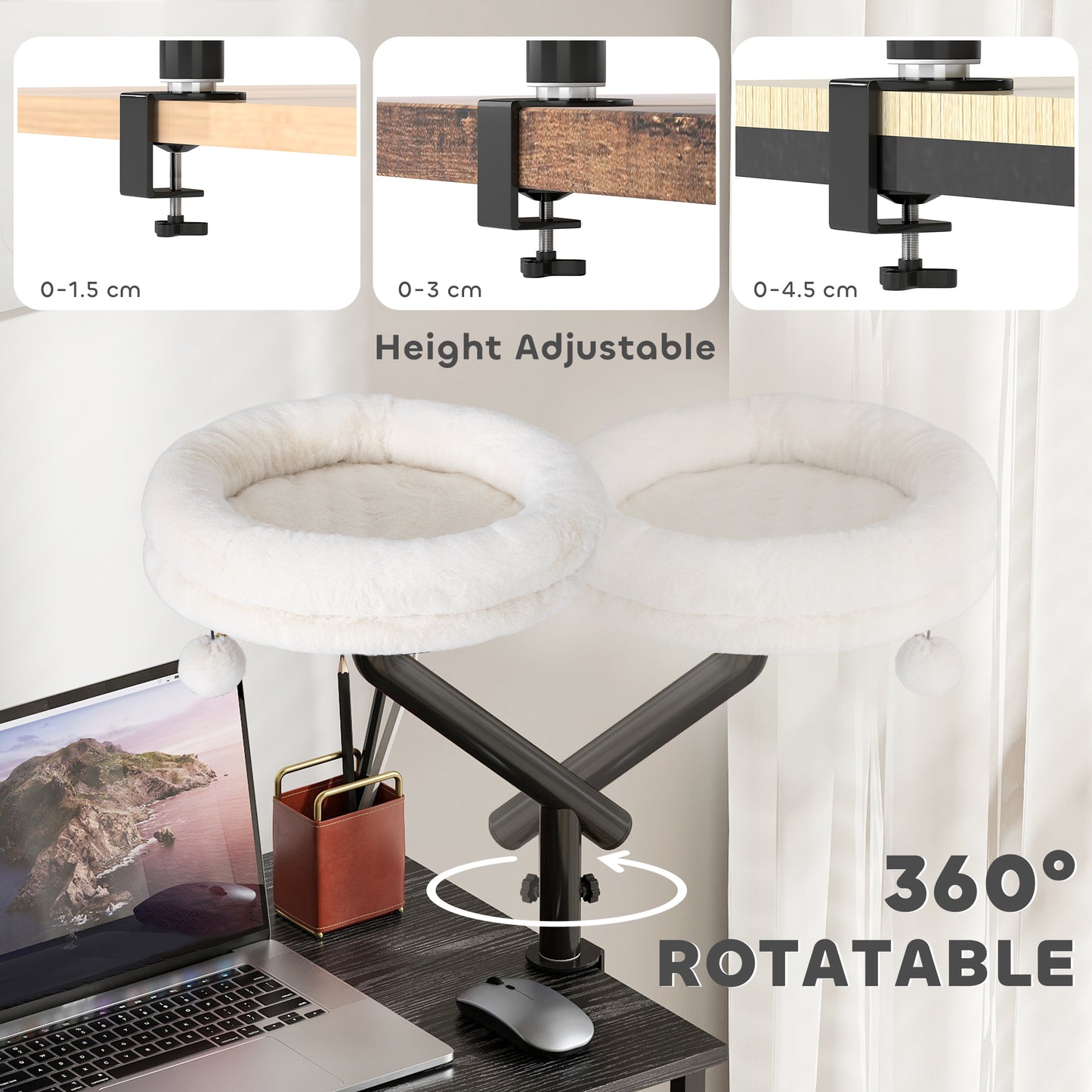 Cat Desk Bed | 360° Rotatable | Desk & Window Clamp | All-Season Plush | Up to 6kg | Cream White