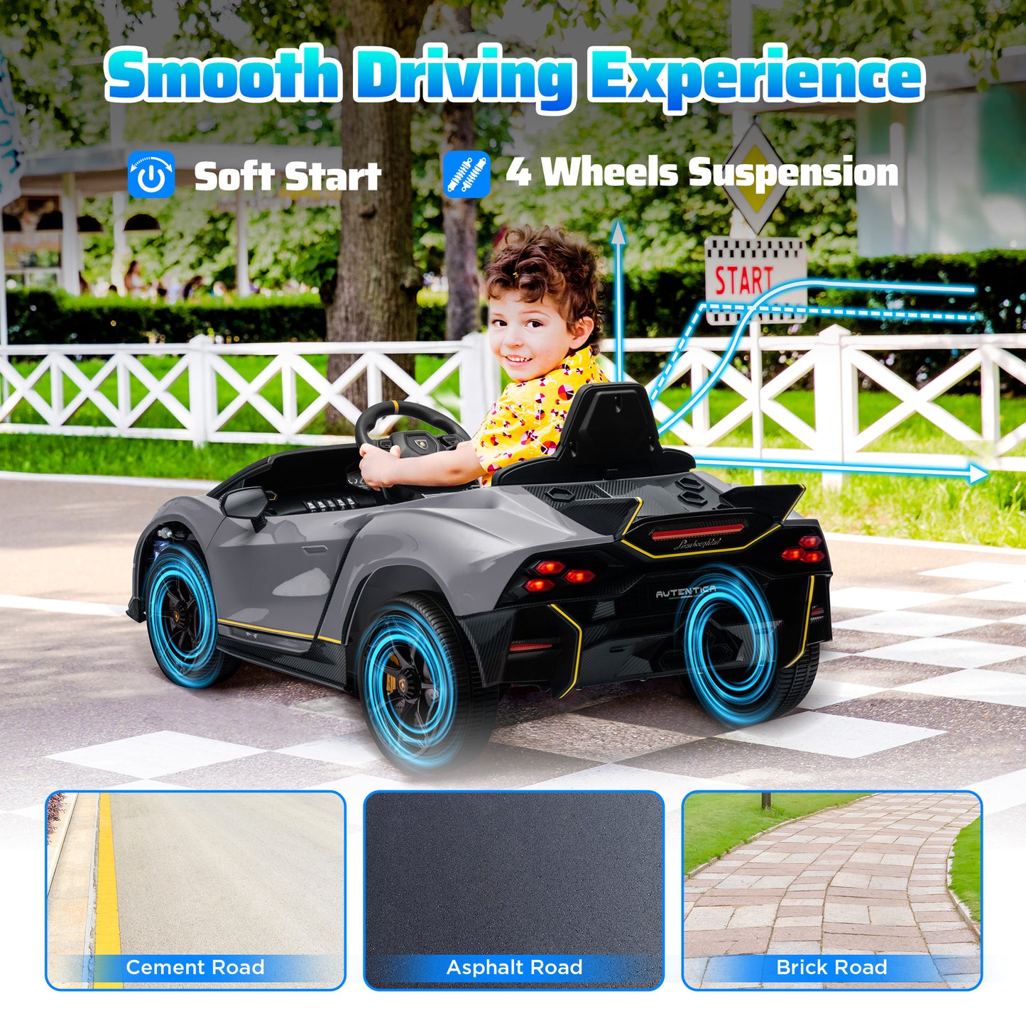 AIYAPLAY 12V Lamborghini Autentica Licensed Kids Electric Car with Remote Control, 4 Suspension Wheels, Soft Start, Grey / Pink