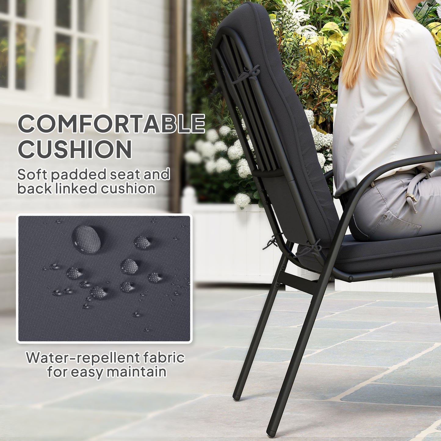 Outsunny 5 Piece Outdoor Square Garden Dining Set w/ Tempered Glass Dining Table 4 Cushioned Armchairs, Umbrella Hole, Black