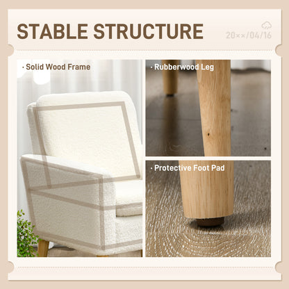 Modern Armchair, Upholstered Accent Chair with Wood Legs and Wide Padded Seat, Teddy Occasional Chair, Cream White