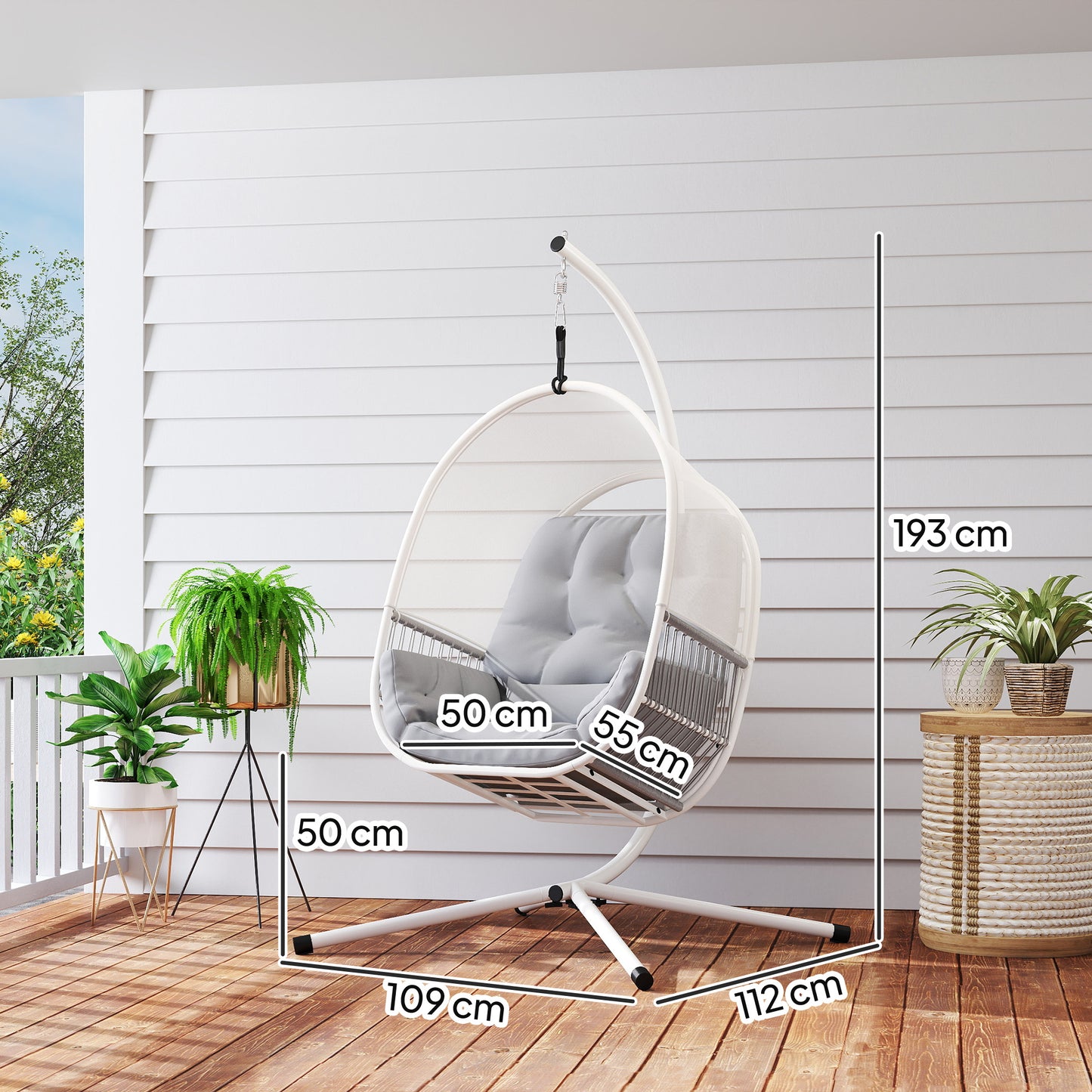 Hanging Egg Chair Outdoor Indoor, Swing Hammock Chair with Stand, Cushions, Lumbar Pillow, Adjustable Height and Steel Frame, Light Grey