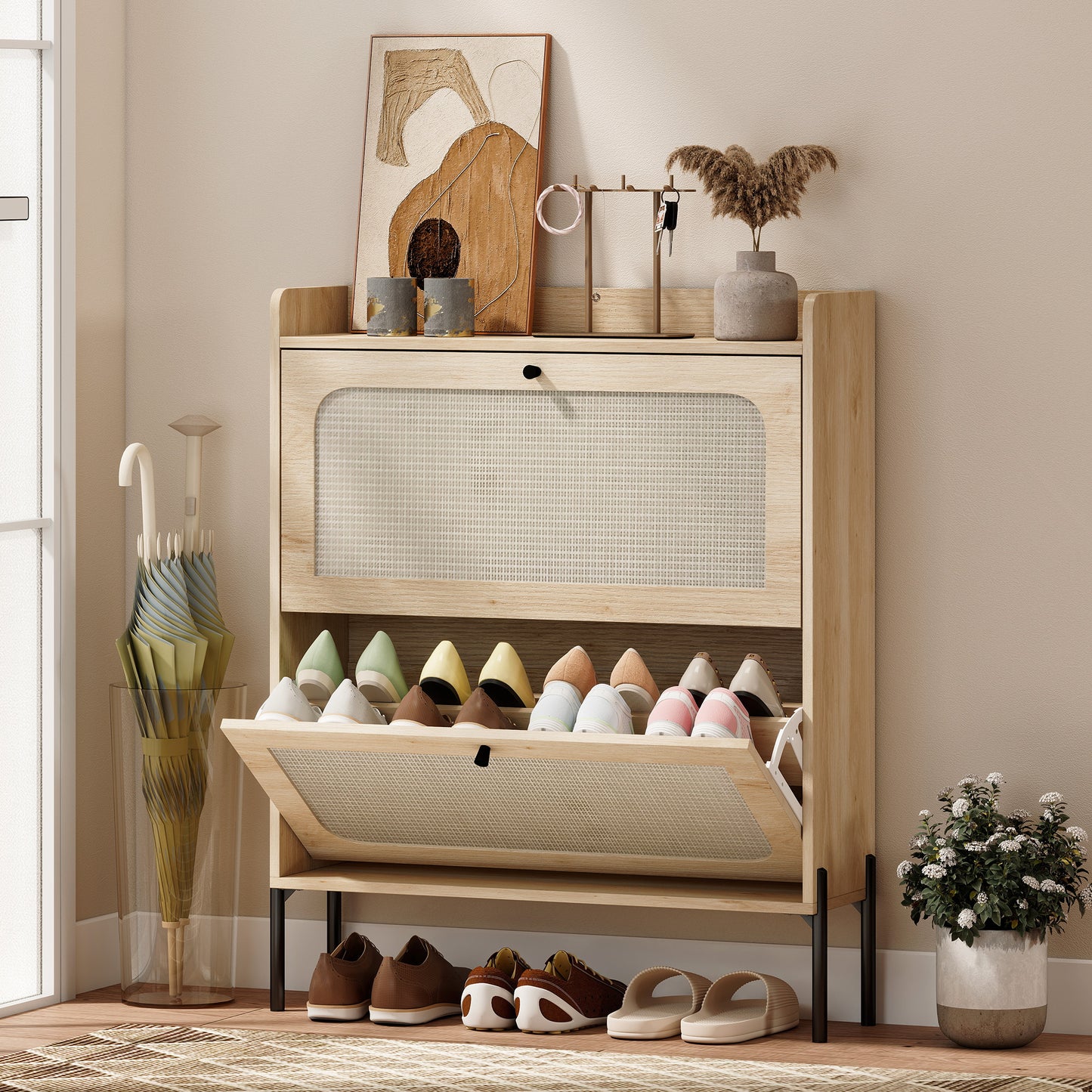 Boho Narrow Shoe Cabinet | 2 Flip Drawers | Rattan Fronts | 12-16 Pairs | Adjustable Shelves | Anti-Tip Hardware | Melamine Coating | 40kg Capacity | 80x23.7x99.5cm | Oak