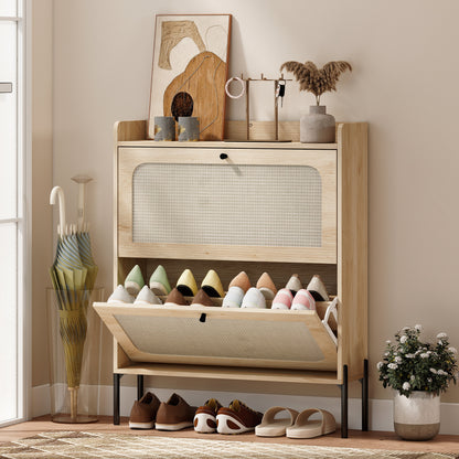 Boho Narrow Shoe Cabinet | 2 Flip Drawers | Rattan Fronts | 12-16 Pairs | Adjustable Shelves | Anti-Tip Hardware | Melamine Coating | 40kg Capacity | 80x23.7x99.5cm | Oak