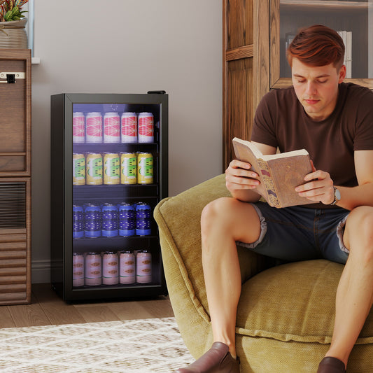 93L Drinks Fridge, 115 Can Freestanding Beer Fridge with Glass Door, Adjustable Shelves, LED Light, for Beer Soda, Black