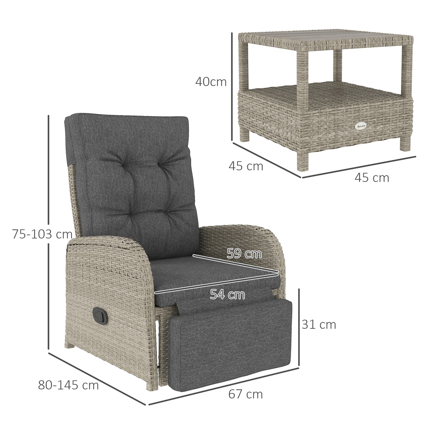 Outsunny 2 Seater Patio Rattan Wicker Chaise Lounge Sofa Set w/ Cushion for Patio Garden Porch, Grey