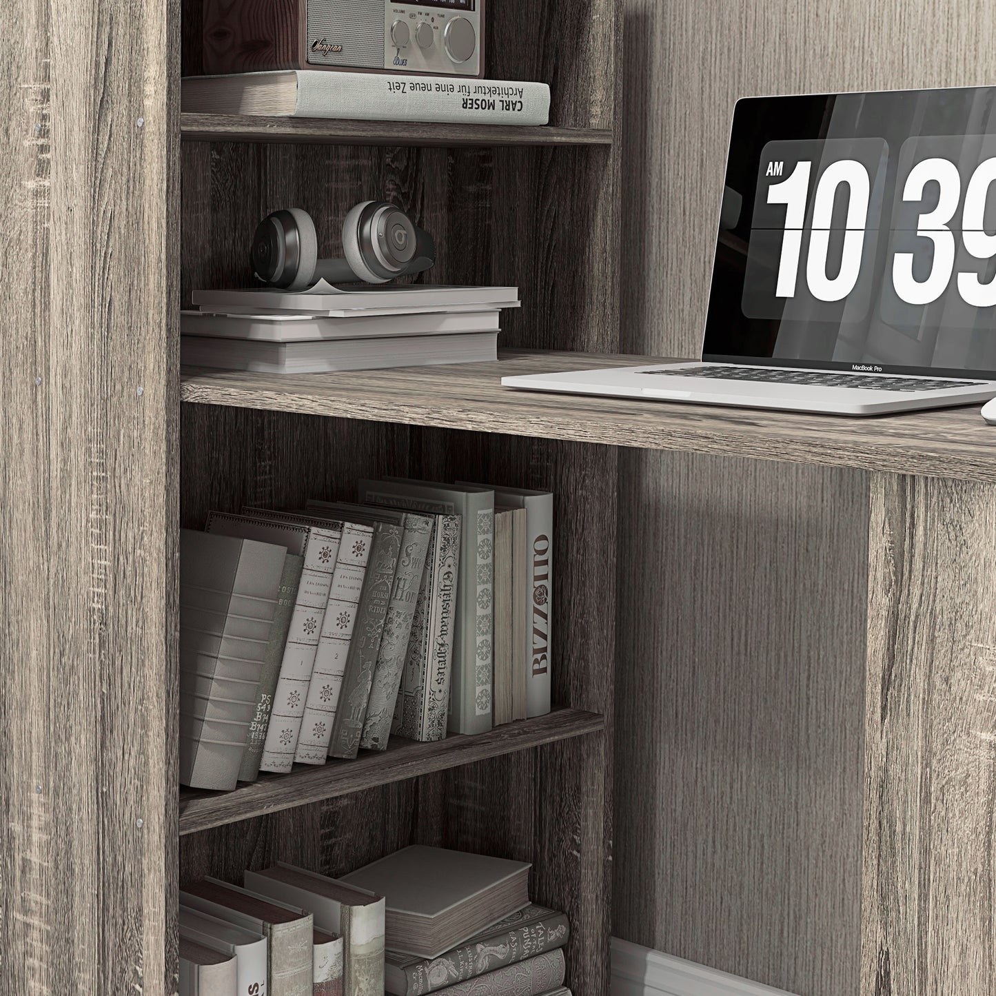 120cm Modern Computer Desk Bookshelf Study Table Workstation PC Laptop Writing Home Office 6 Shelves, Grey Wood-Effect
