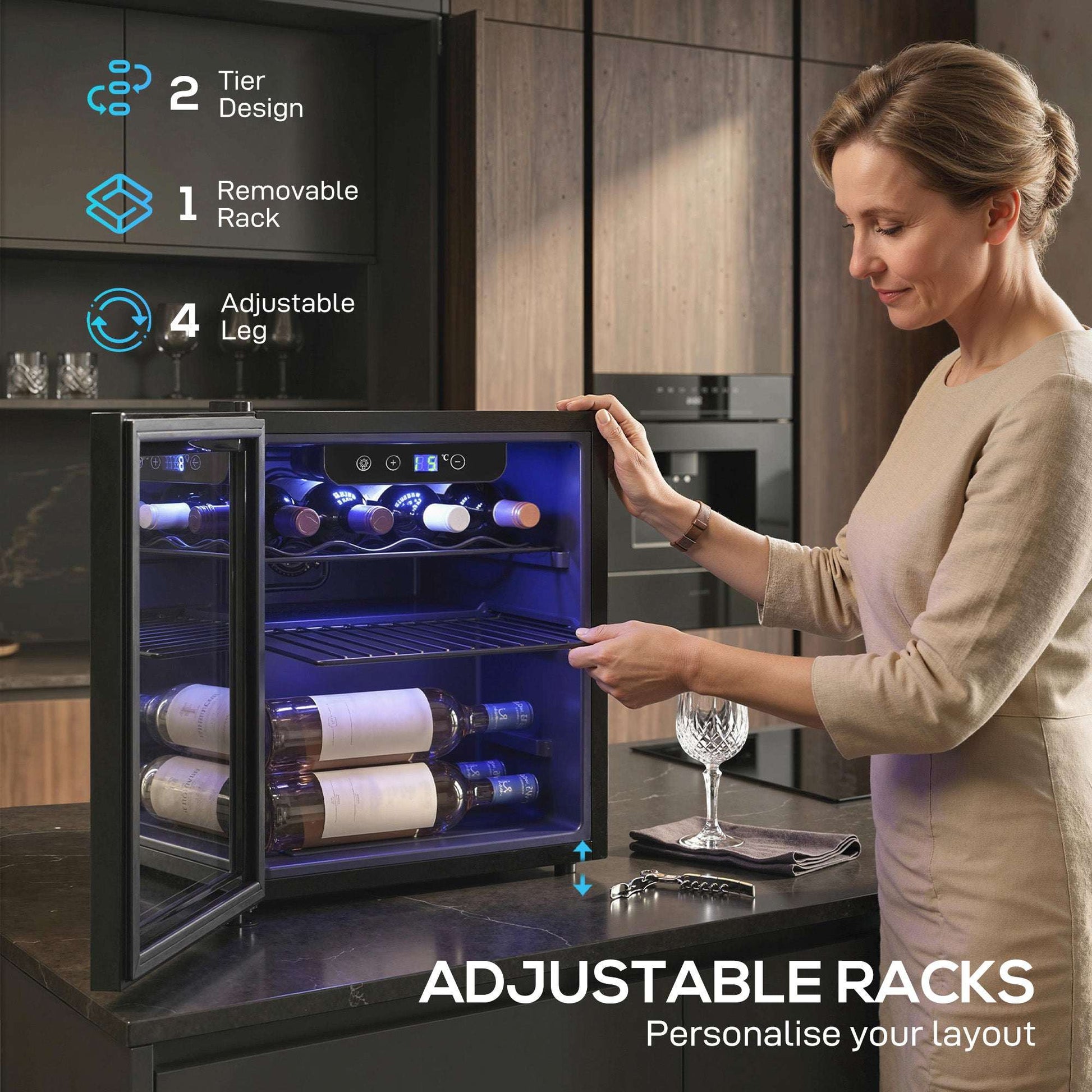12 Bottle Wine Cooler, 36 Litre Capacity, 4-16°C Under Counter Drinks Beer Wine Fridge with Glass Door, LED Light, Black