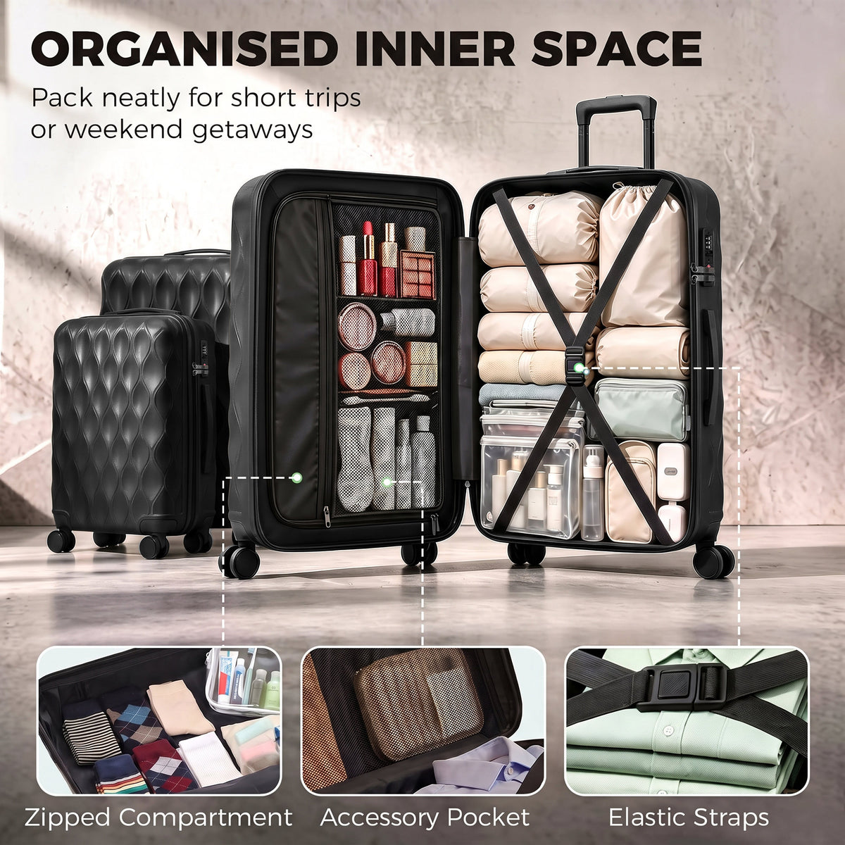 3-Piece Hard Shell Suitcase Set | TSA Lock & 360° Spinner Wheels | 20/24/28 Inch Carry-On & Checked Luggage | Black or Green