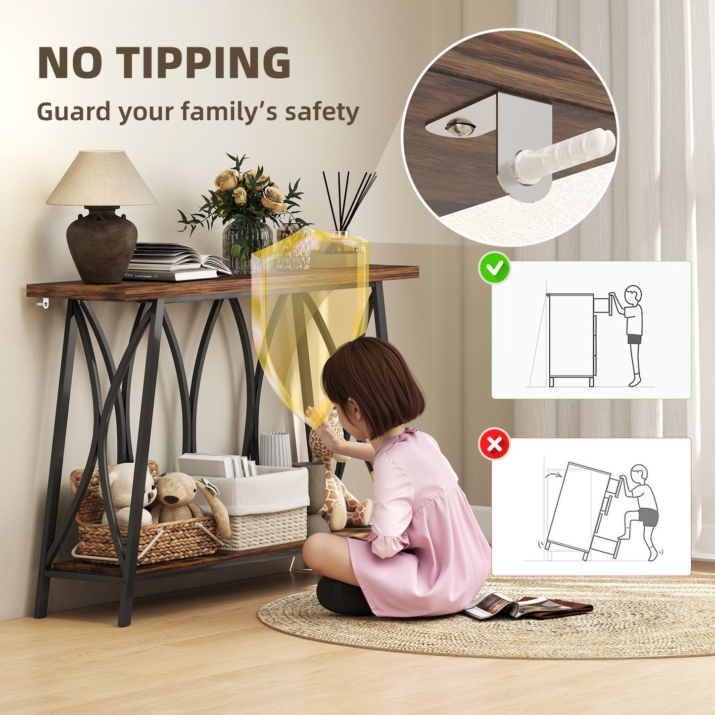 Narrow Console Table, Industrial 2-Tier Sofa Table with Metal Frame for Entryway, Living Room, 120x30x80cm, Rustic Brown