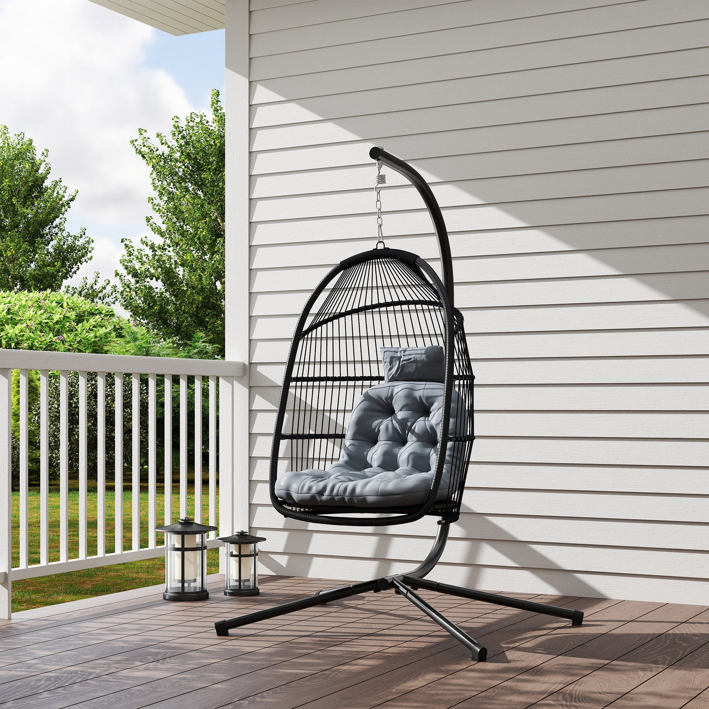 Outsunny Rattan Hanging Egg Chair with Stand, Foldable Wicker Swing Egg Chair with Cushion, Head Pillow, Steel Frame, Hammock Chair
